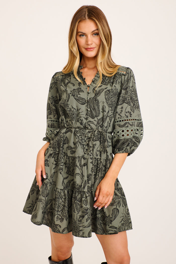 Daze Dress in Green with Black Leaf Cotton Linen front