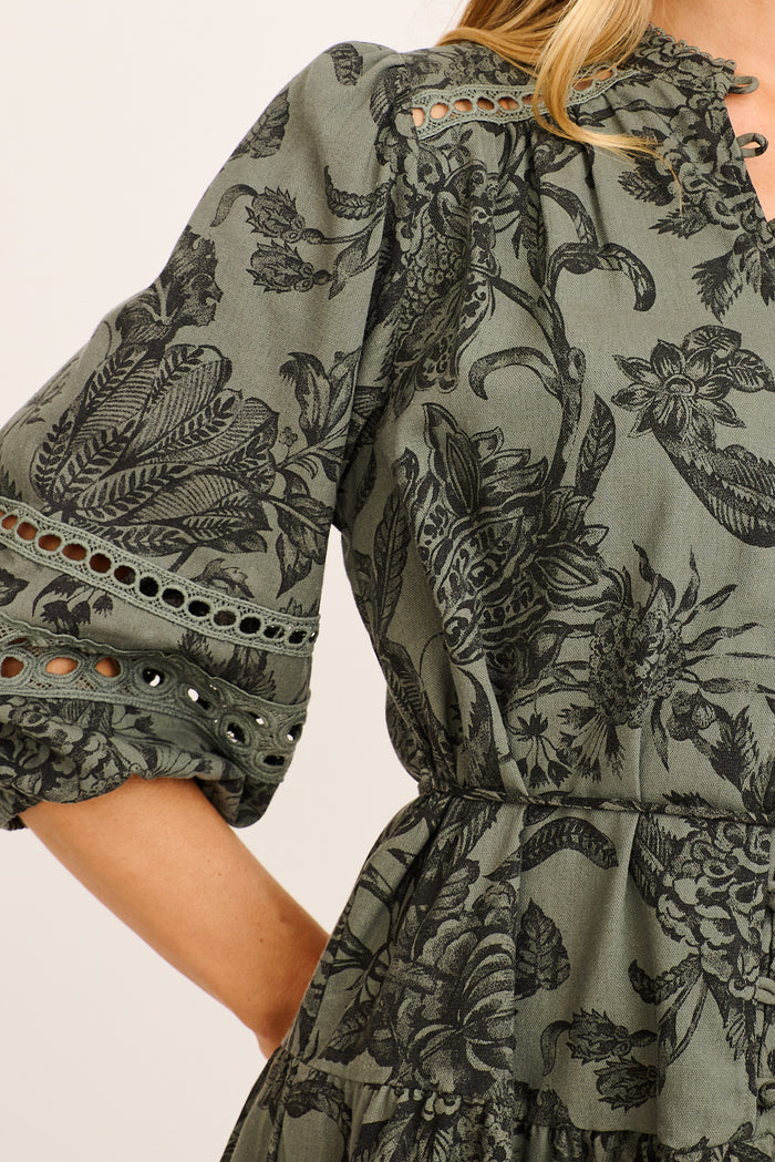 Daze Dress in Green with Black Leaf Cotton Linen detail