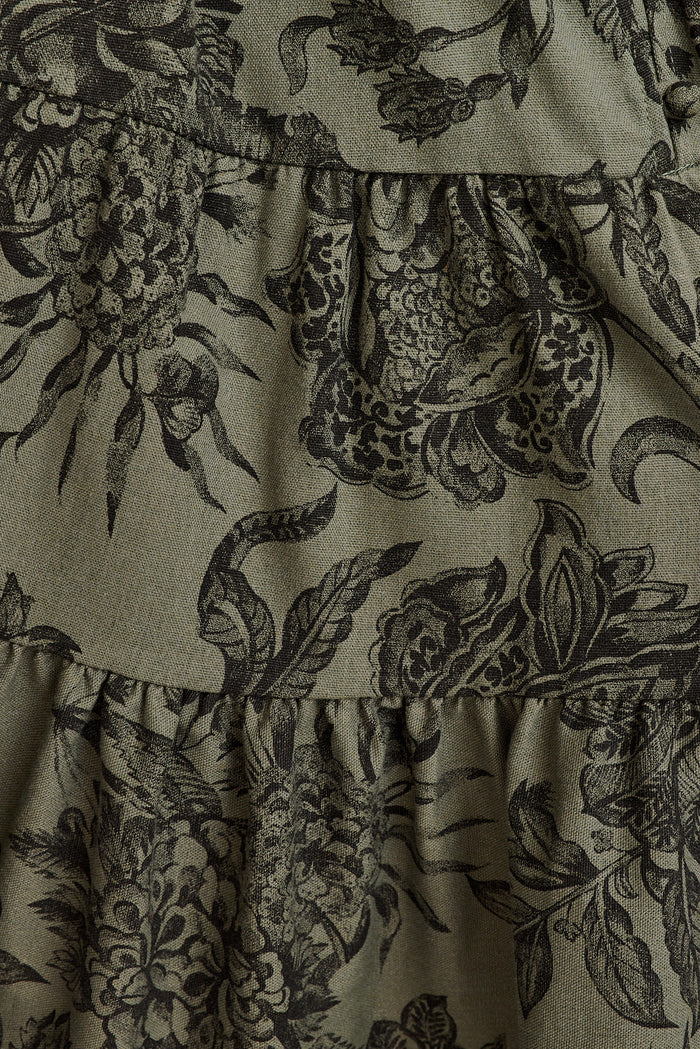 Daze Dress in Green with Black Leaf Cotton Linen fabric