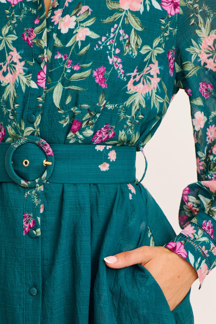 Midnight Maxi Dress in Emerald Floral detail