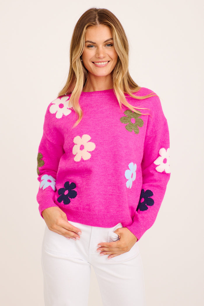 Floraly Knit in Pink with Multi Floral Wool Blend
