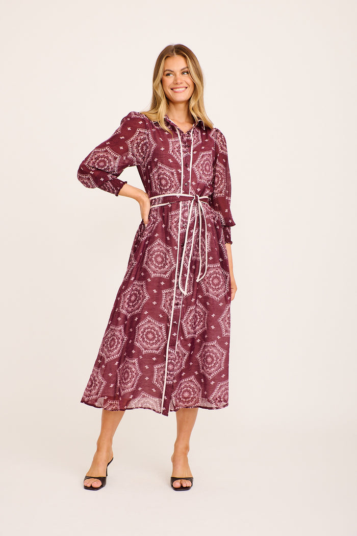 Malika Maxi Shirt Dress in Wine Tile Print Cotton Blend full length