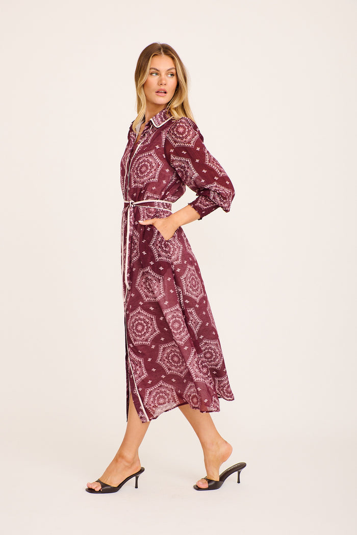 Malika Maxi Shirt Dress in Wine Tile Print Cotton Blend side