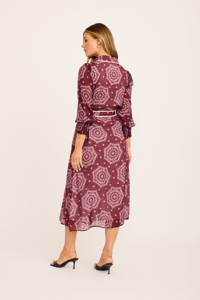 Malika Maxi Shirt Dress in Wine Tile Print Cotton Blend back