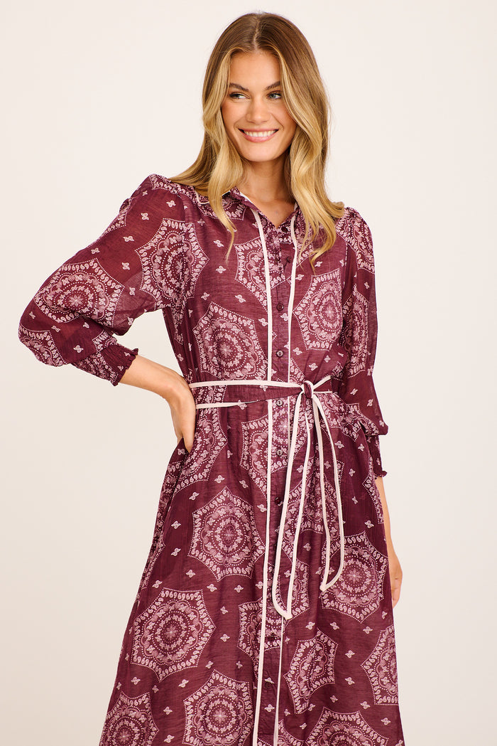 Malika Maxi Shirt Dress in Wine Tile Print Cotton Blend front