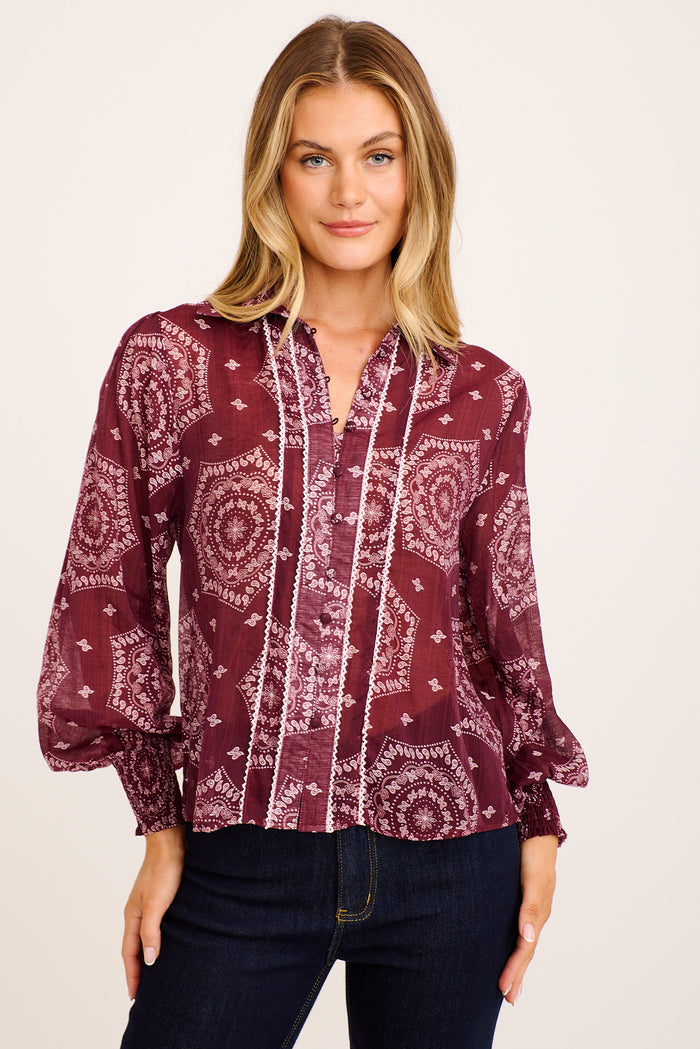 Melia Shirt in Wine Tile Print Cotton Blend front