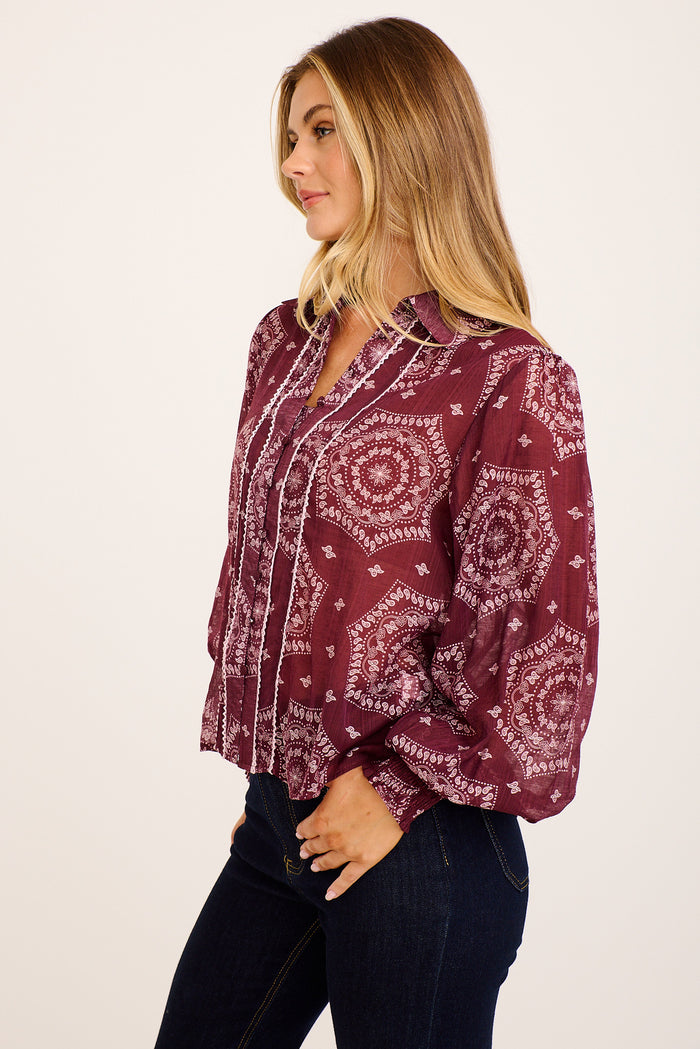 Melia Shirt in Wine Tile Print Cotton Blend side