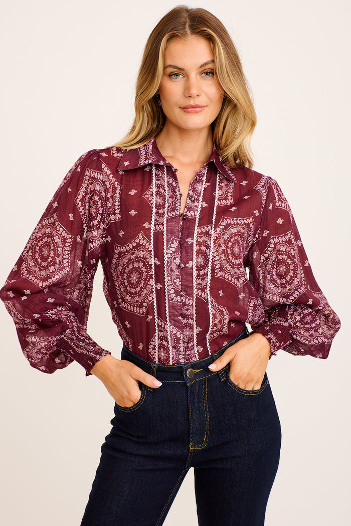 Melia Shirt in Wine Tile Print Cotton Blend front