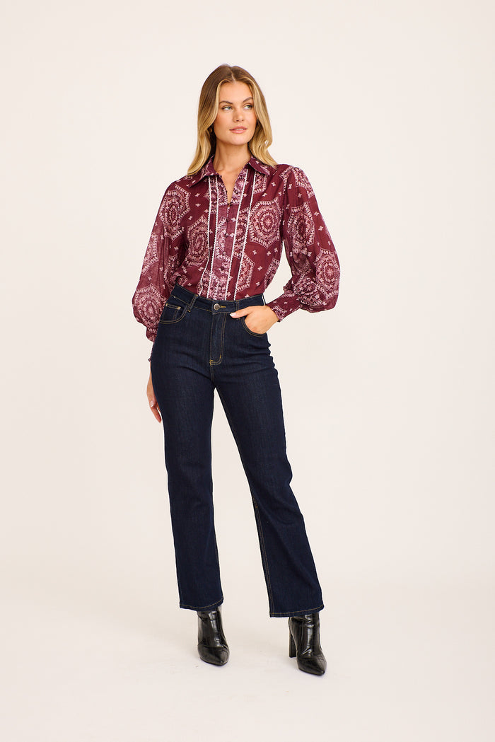 Melia Shirt in Wine Tile Print Cotton Blend full length