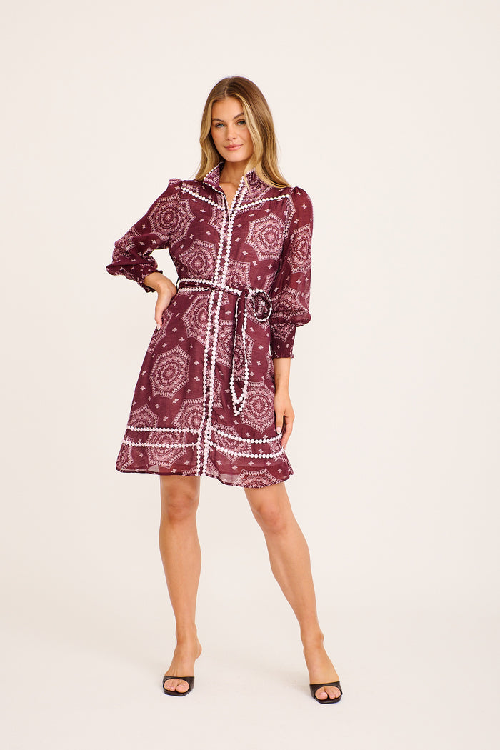 Malhia Shirt Dress in Wine Tile Print Cotton Blend full length