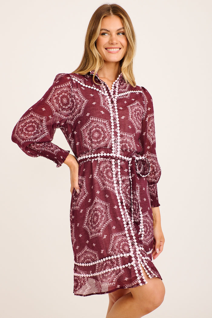Malhia Shirt Dress in Wine Tile Print Cotton Blend front