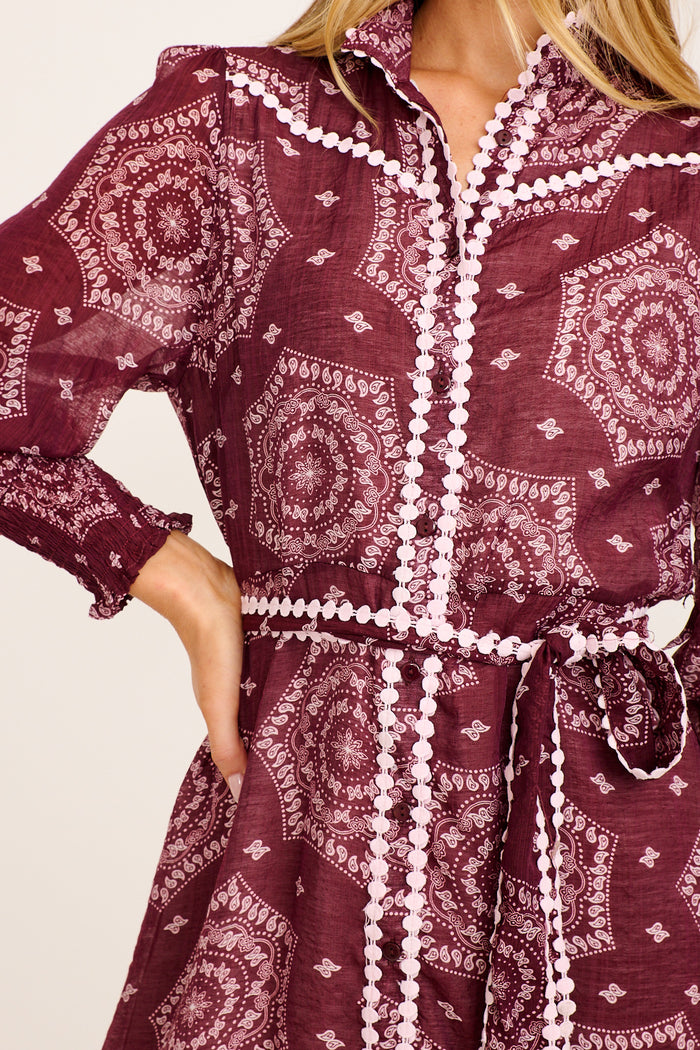 Malhia Shirt Dress in Wine Tile Print Cotton Blend detail