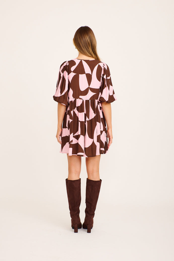 Hello Pretty Smock Dress in Pink with Chocolate Geometric back
