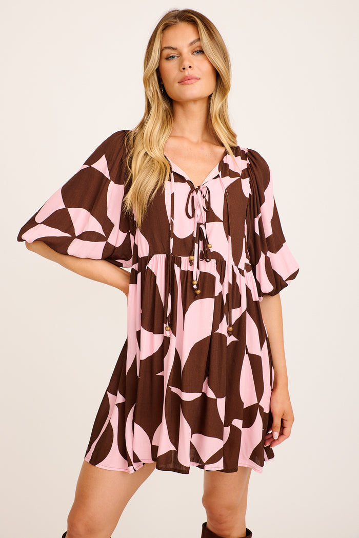 Hello Pretty Smock Dress in Pink with Chocolate Geometric front