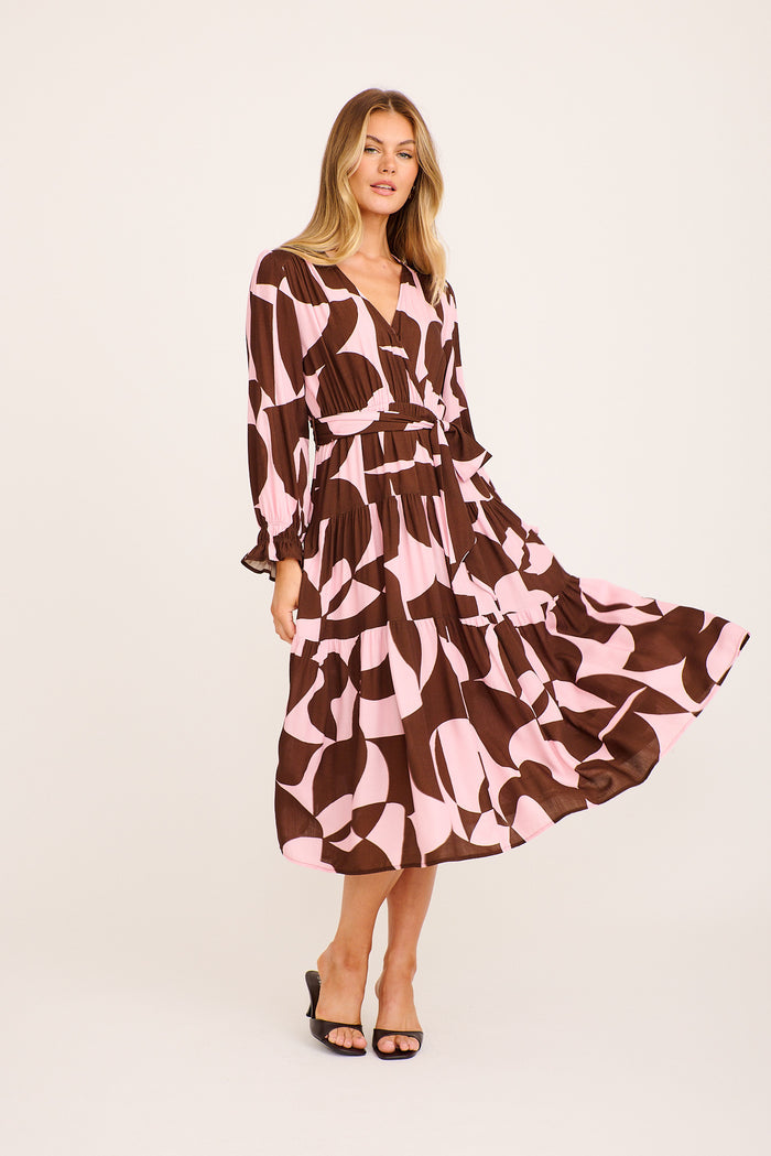 Dominique Maxi Dress in Pink with Chocolate Geometric full length