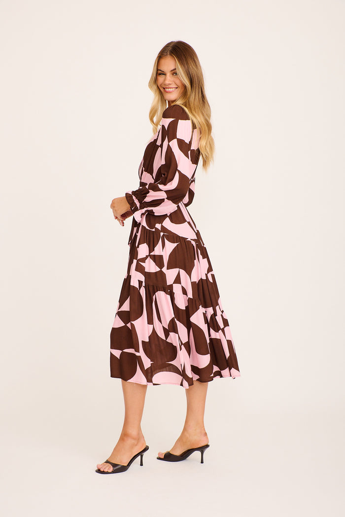 Dominique Maxi Dress in Pink with Chocolate Geometric side