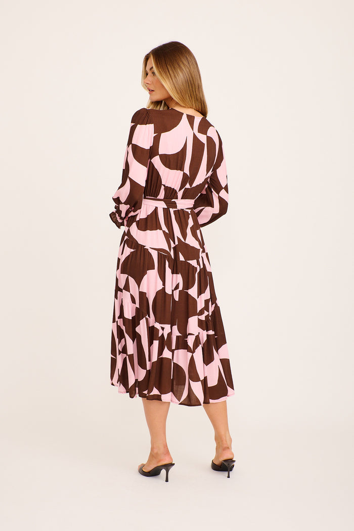 Dominique Maxi Dress in Pink with Chocolate Geometric back