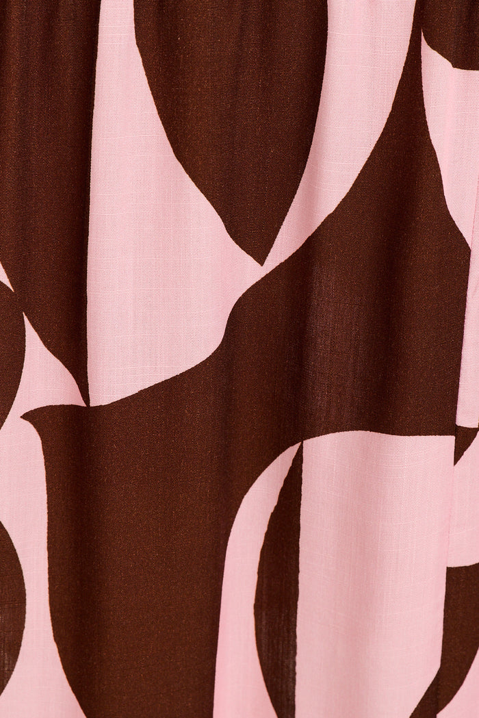 Dominique Maxi Dress in Pink with Chocolate Geometric fabric