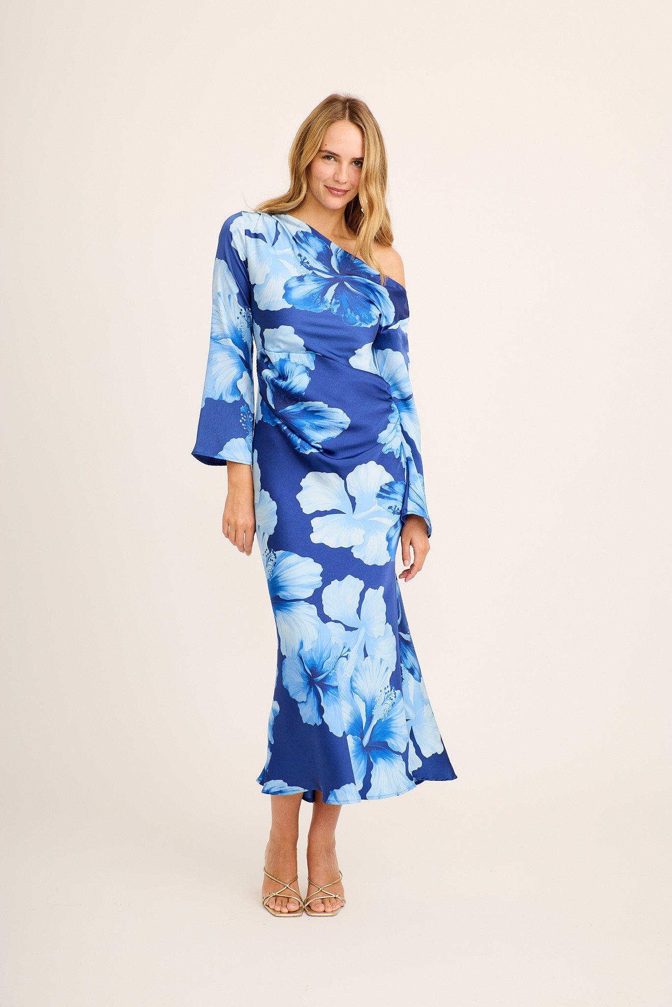 Deryn Off Shoulder Maxi Dress Blue Floral Satin