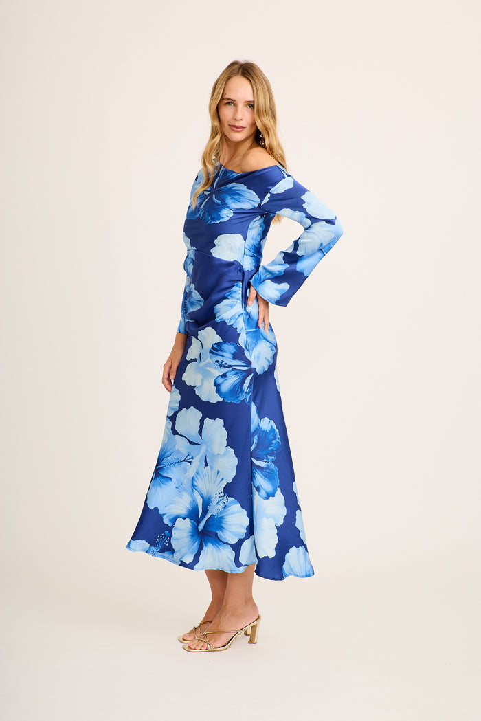 Deryn Off Shoulder Maxi Dress in Blue Floral Satin side
