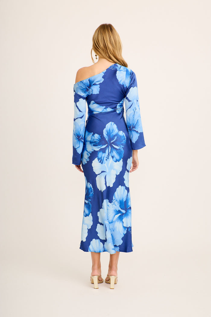 Deryn Off Shoulder Maxi Dress in Blue Floral Satin back
