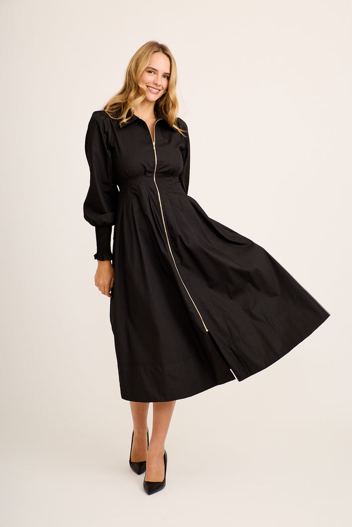 Charisse Midi Zip Dress in Black Cotton full length