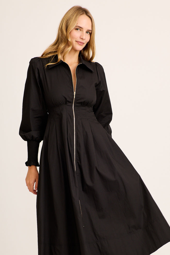Charisse Midi Zip Dress in Black Cotton front