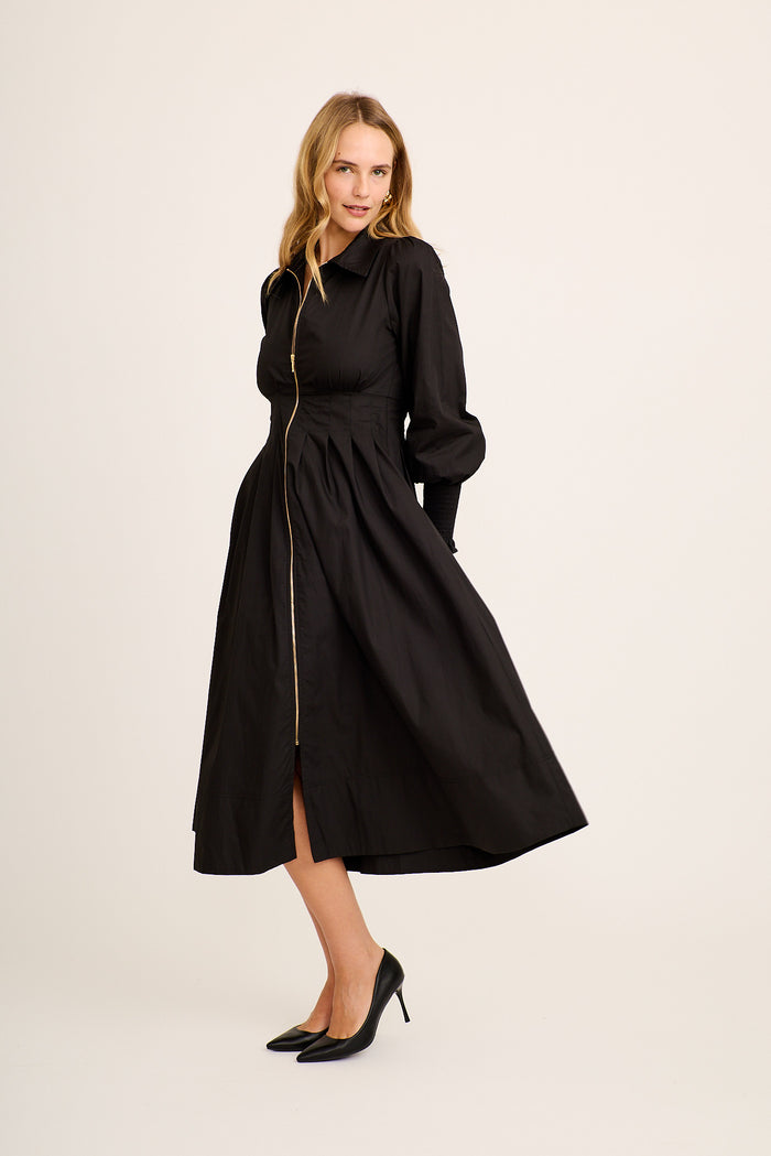 Charisse Midi Zip Dress in Black Cotton side