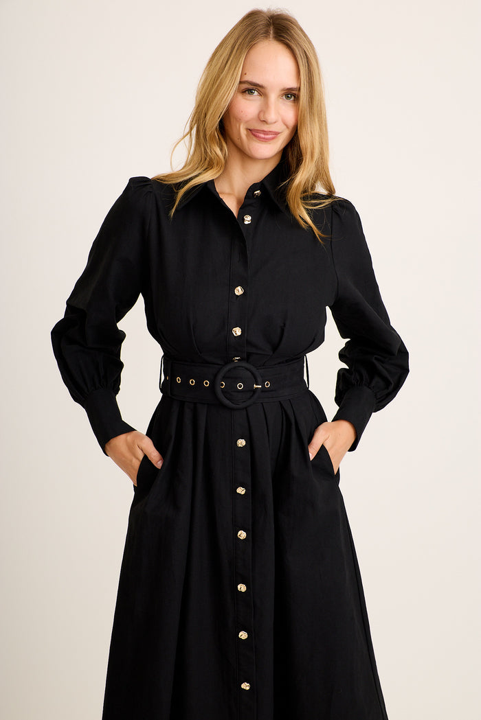 Tamanna Midi Shirt Dress in Black Cotton front
