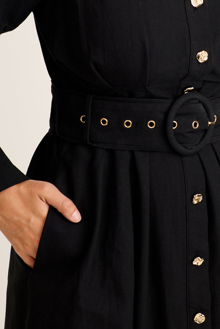Tamanna Midi Shirt Dress in Black Cotton detail