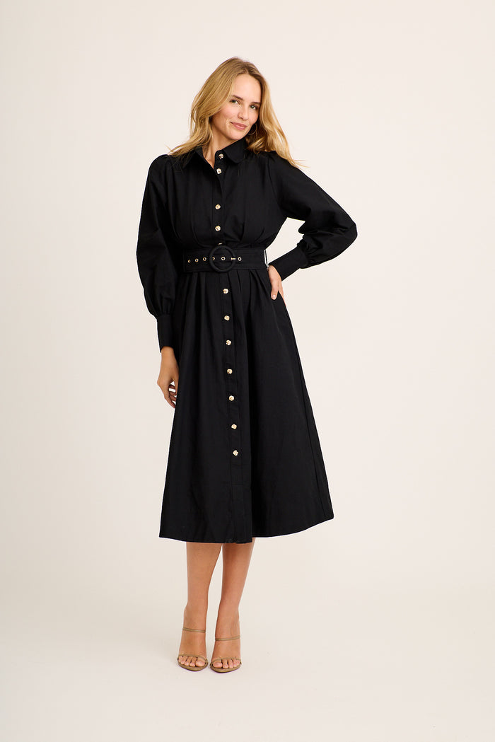 Tamanna Midi Shirt Dress in Black Cotton full length