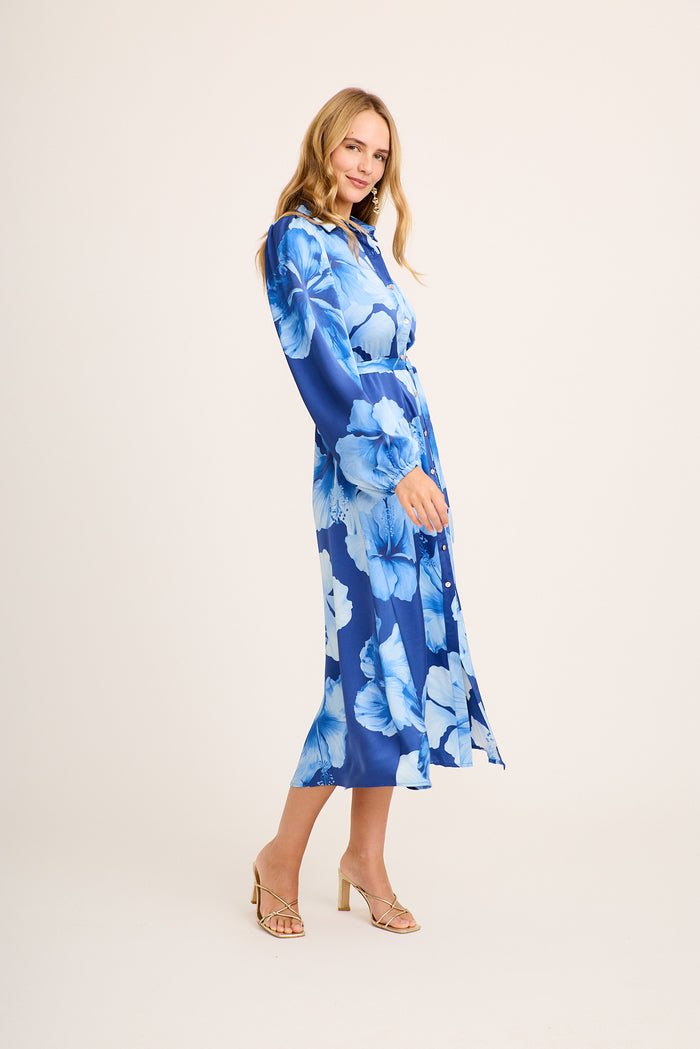 Hacienda Maxi Shirt Dress in Blue Floral Satin side