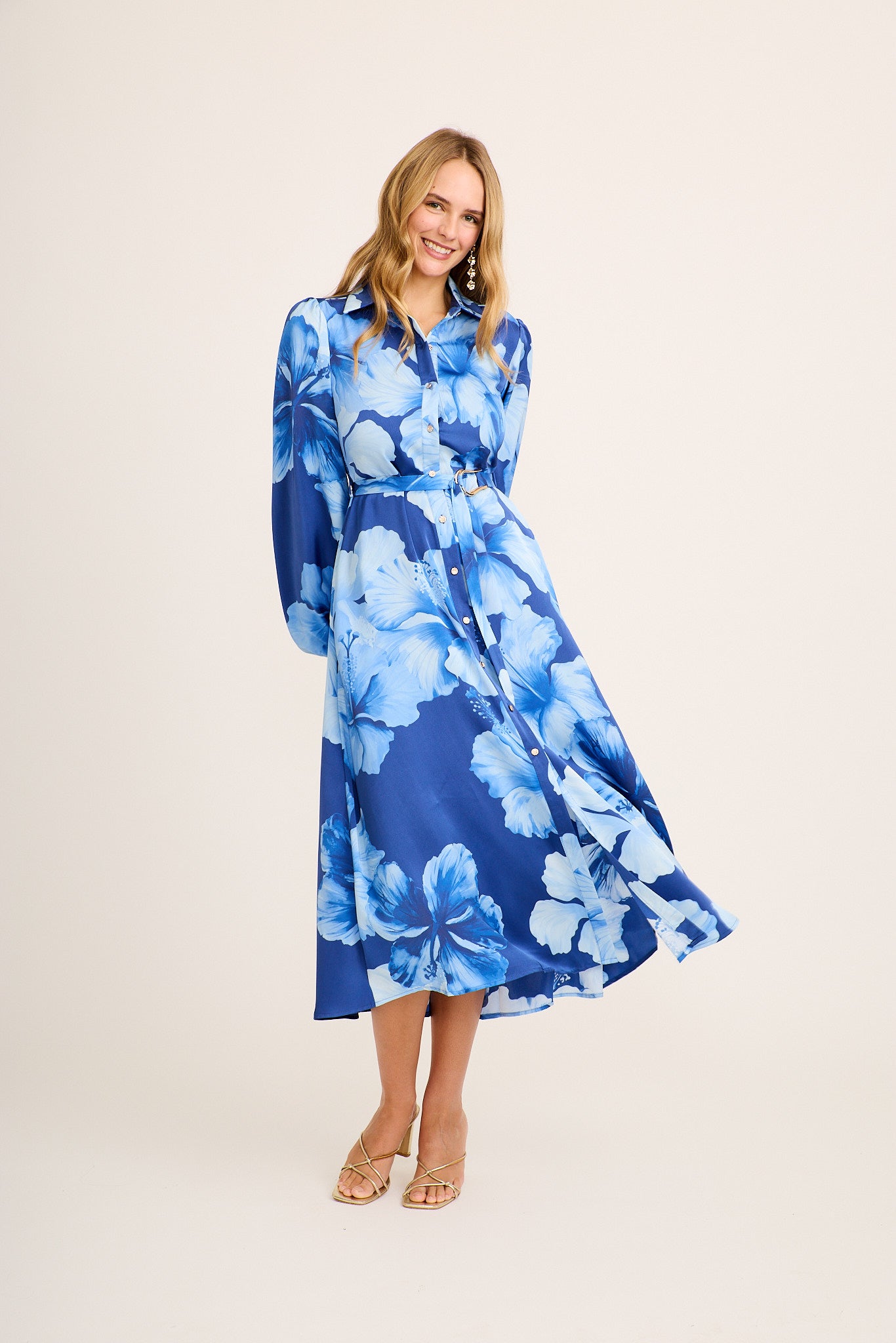 Hacienda Maxi Shirt Dress Blue Floral Satin