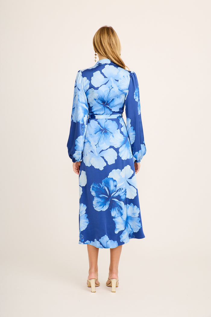 Hacienda Maxi Shirt Dress in Blue Floral Satin back