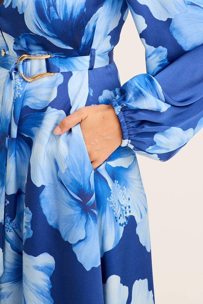 Hacienda Maxi Shirt Dress in Blue Floral Satin detail