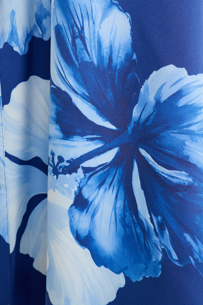 Hacienda Maxi Shirt Dress in Blue Floral Satin fabric