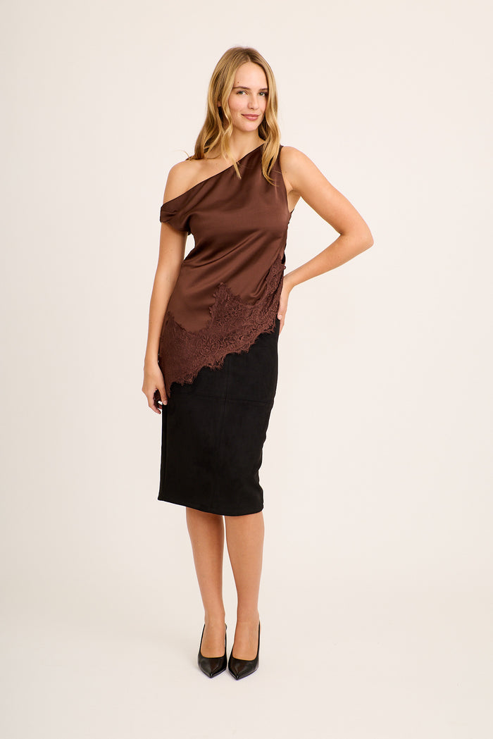 Hailey Off Shoulder Top in Chocolate Satin with Lace Trim full length