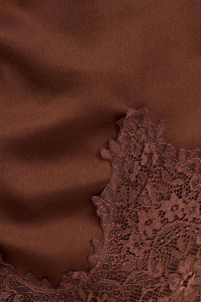 Hailey Off Shoulder Top in Chocolate Satin with Lace Trim fabric