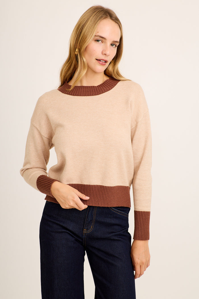 Ginny Knit in Beige with Chocolate Contrast Edge Cotton Blend