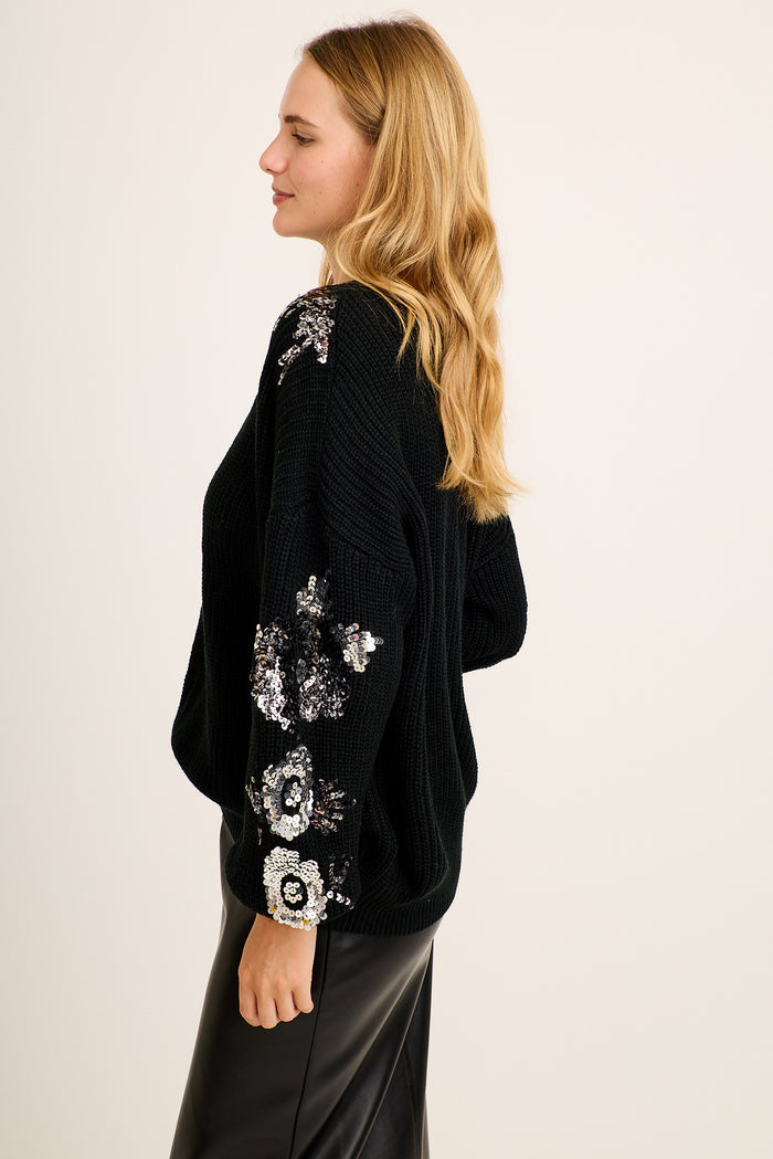 Edina Sequin Sleeve Detail Knit in Black Wool Blend side