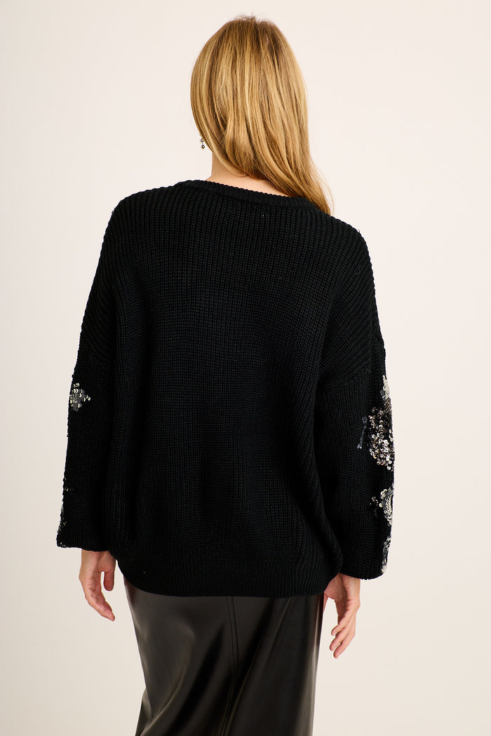 Edina Sequin Sleeve Detail Knit in Black Wool Blend back