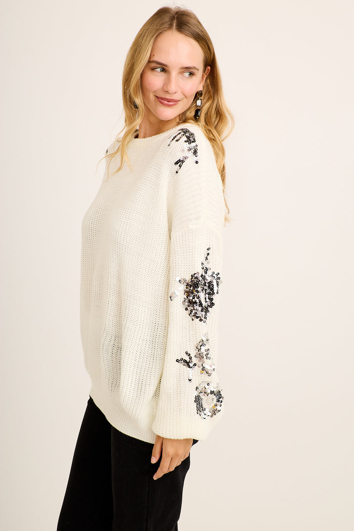 Edina Sequin Sleeve Detail Knit in Ivory Wool Blend side