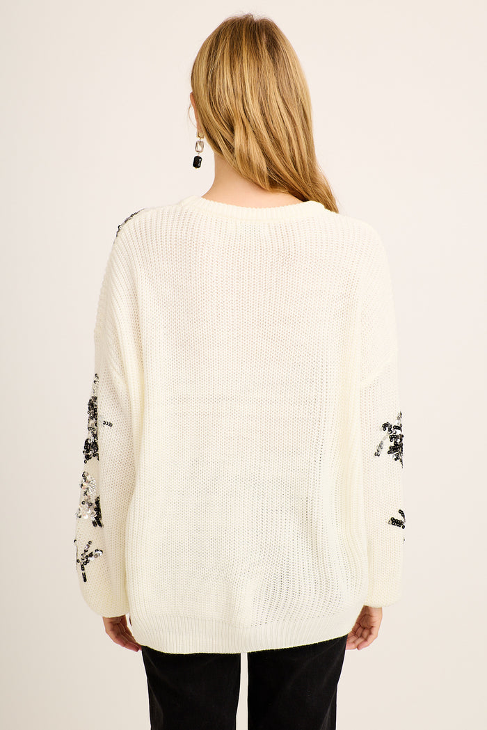 Edina Sequin Sleeve Detail Knit in Ivory Wool Blend back