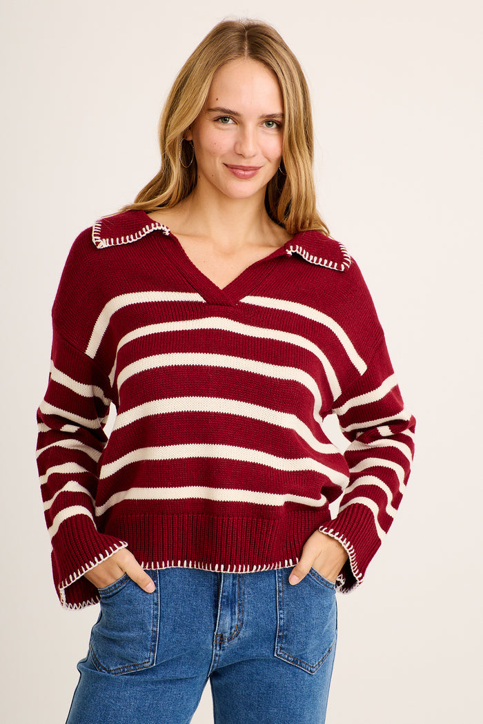 Milleny Knit in Wine and White Stripe front