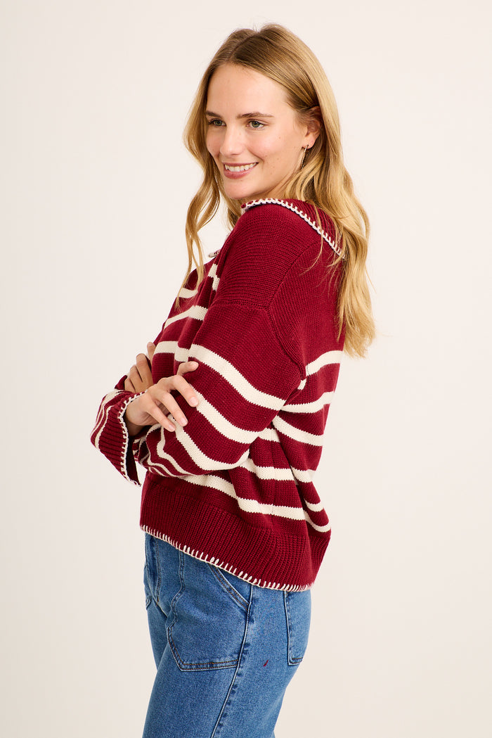 Milleny Knit in Wine and White Stripe side