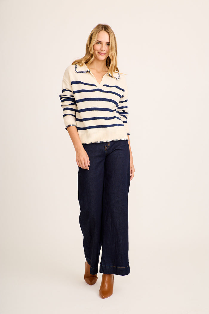 Milleny Knit in White and Navy Stripe full length