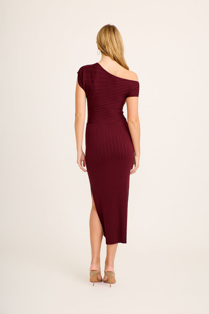 Patina Maxi Off Shoulder Knit Dress in Wine back
