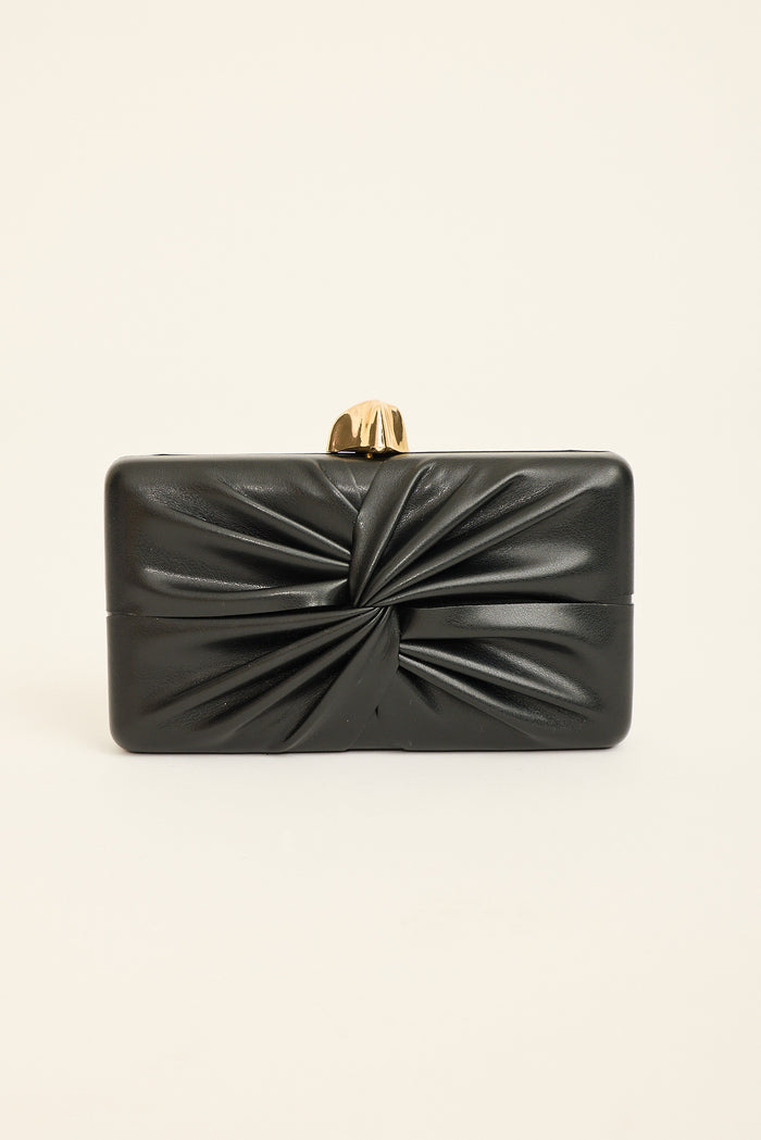 Colette Pleated Clutch in Black with Gold Clasp