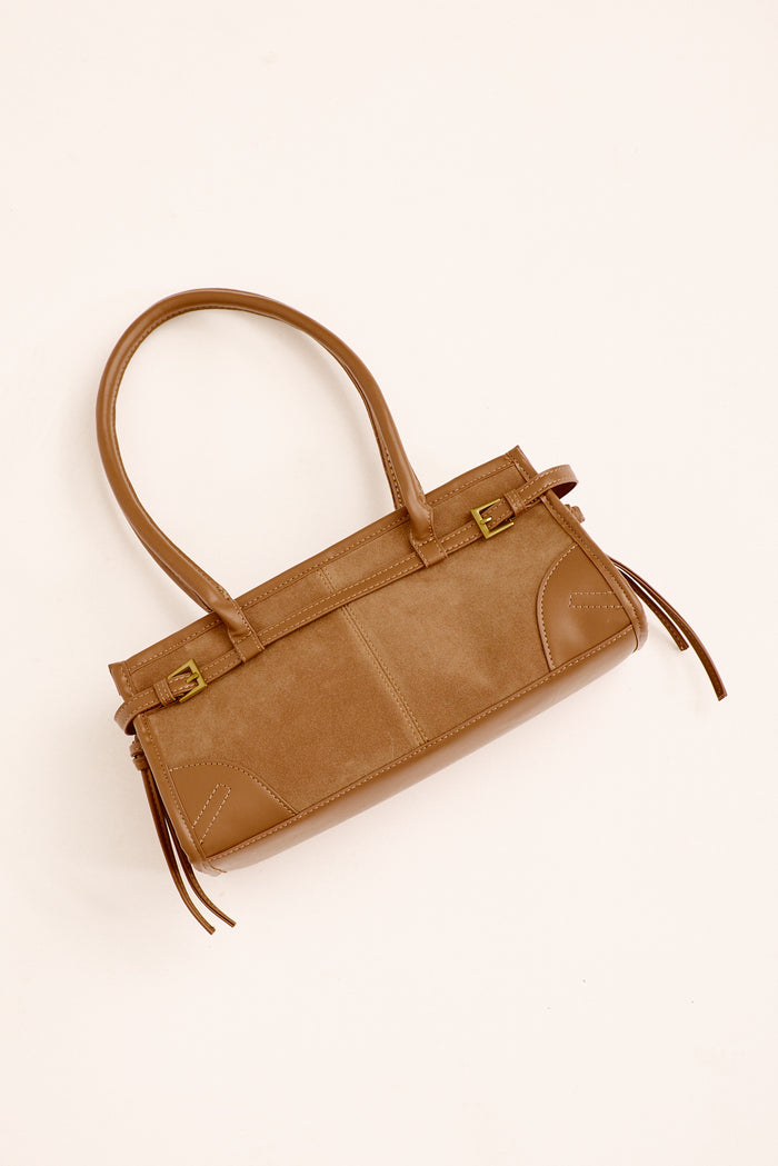Dante Shoulder Bag in Tan Suedette flatlay