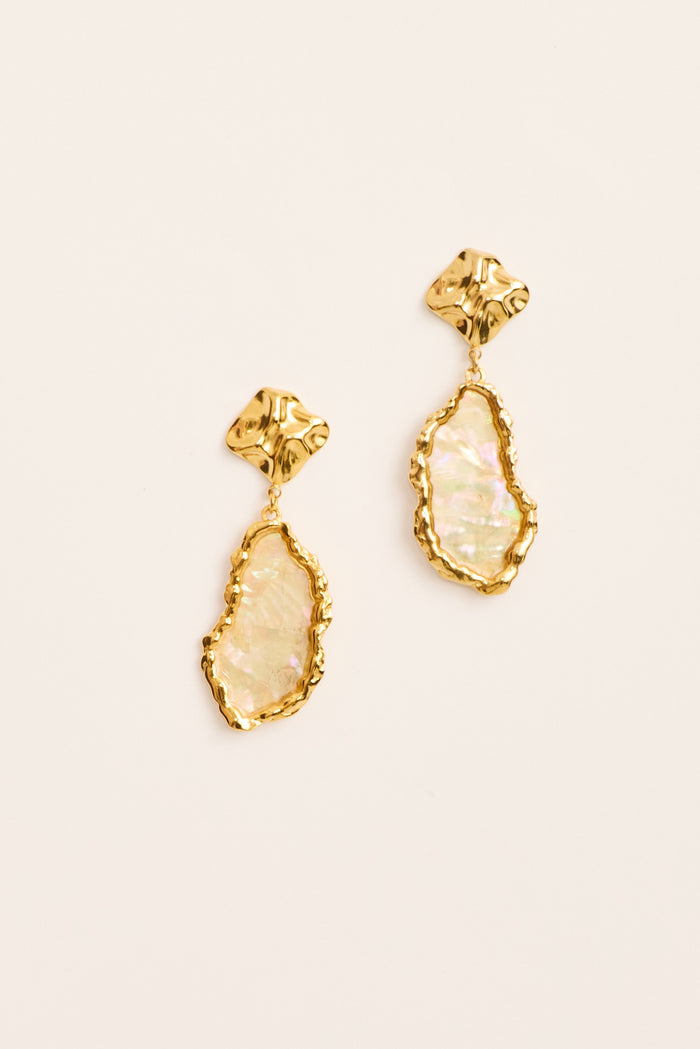 Ariana Stud Earrings in Gold Irregular Iridescent Stone flatlay